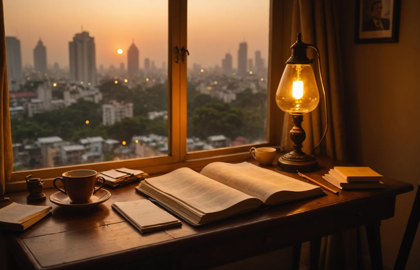 Warm creative writing workspace at dusk with Mumbai city lights visible through a window