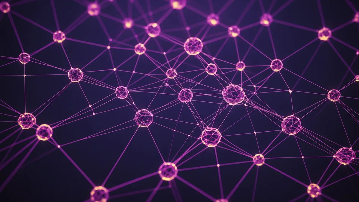 Abstract glowing geometric nodes forming a structural arc pattern on dark indigo background