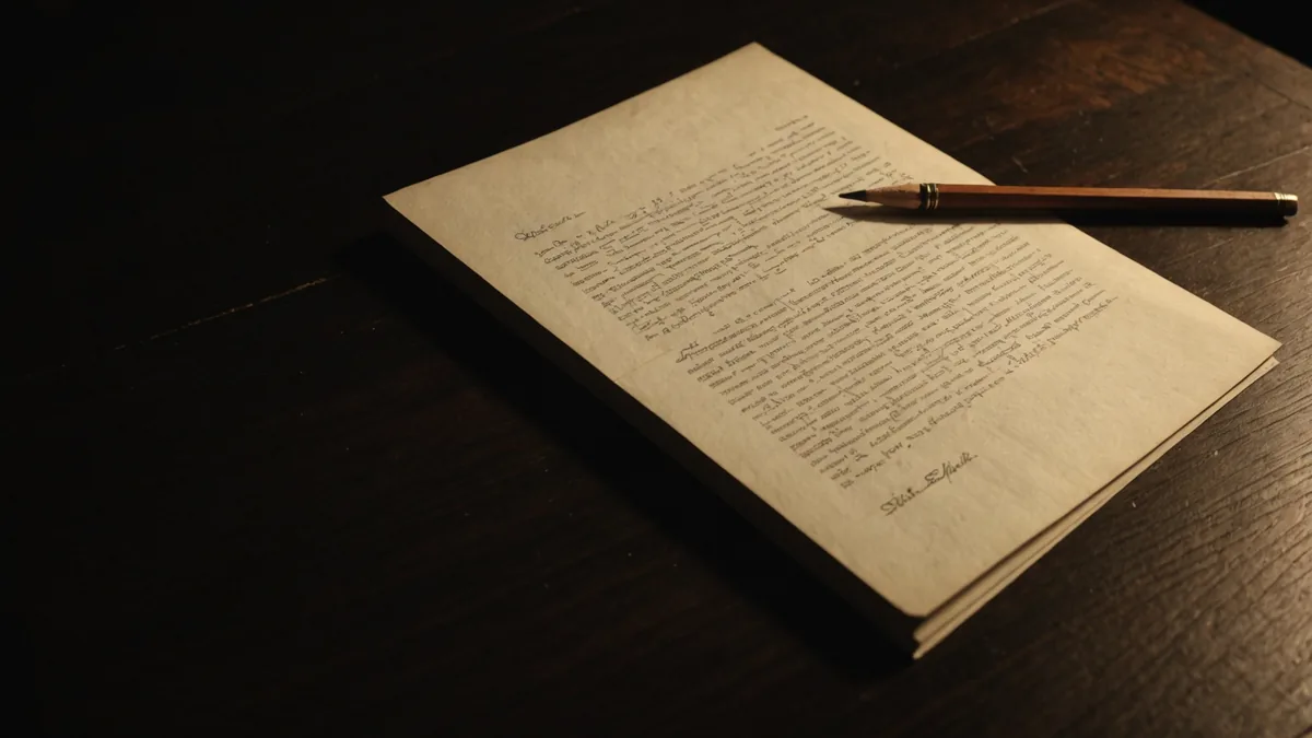 A solitary blank manuscript page on a dark desk with a dim lamp creating a circle of warm light