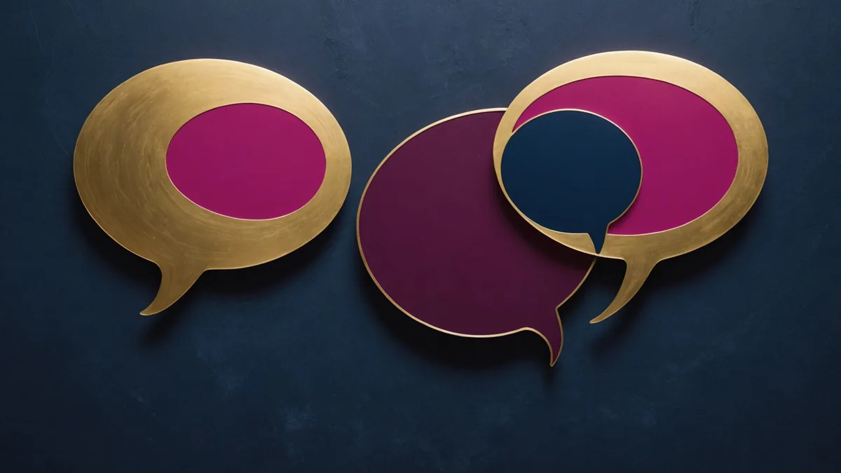 Two speech bubble shapes in contrasting rose and gold on a deep indigo background suggesting dialogue exchange