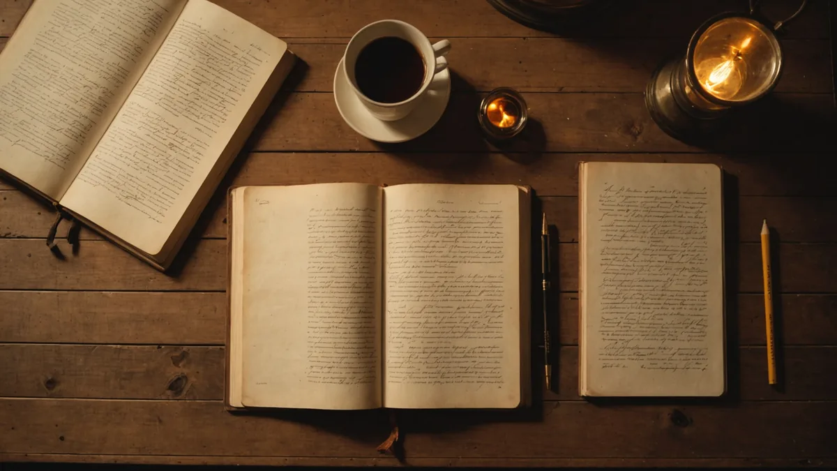 Warm overhead view of three overlapping manuscript script pages on a wooden desk