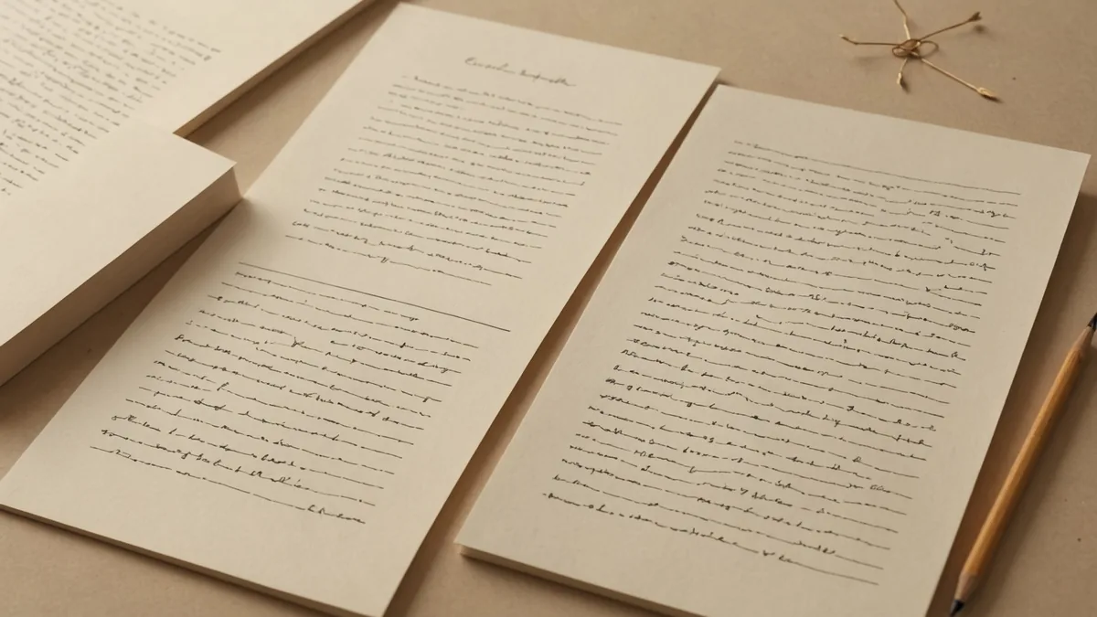 A scattered cluster of handwritten note cards and a single bound script emerging from the arrangement on warm cream surface